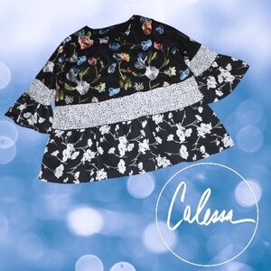 Calessa Plus Women's Embroidered Tunic Top Floral Ruffle Patchwork Artsy Boho 1X